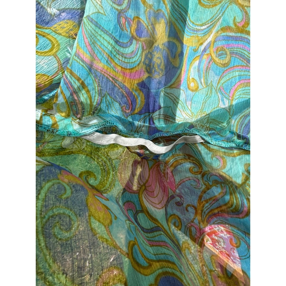 Turquoise Flare Sleeve Sheer Psychedelic Pastel Jeweled Babydoll Blouse - Picture 8 of 15